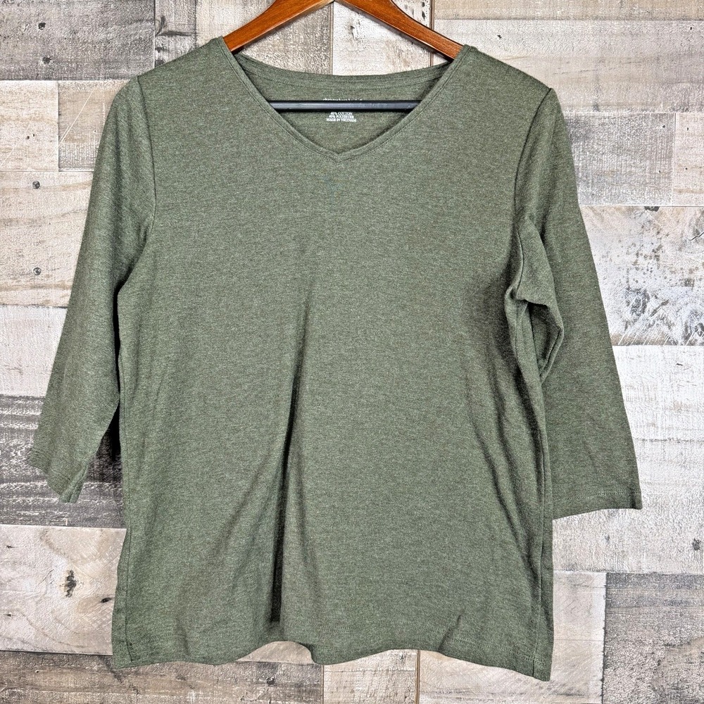 Christopher & Banks Womens Size L Olive Green 3/4 Sleeve Crew Neck Top Stretch‎